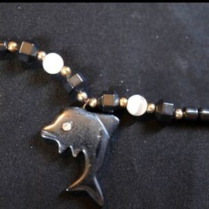 Dolphin Hematite Necklace Black Natural Stone Porpoise Pendant & Choker Necklace